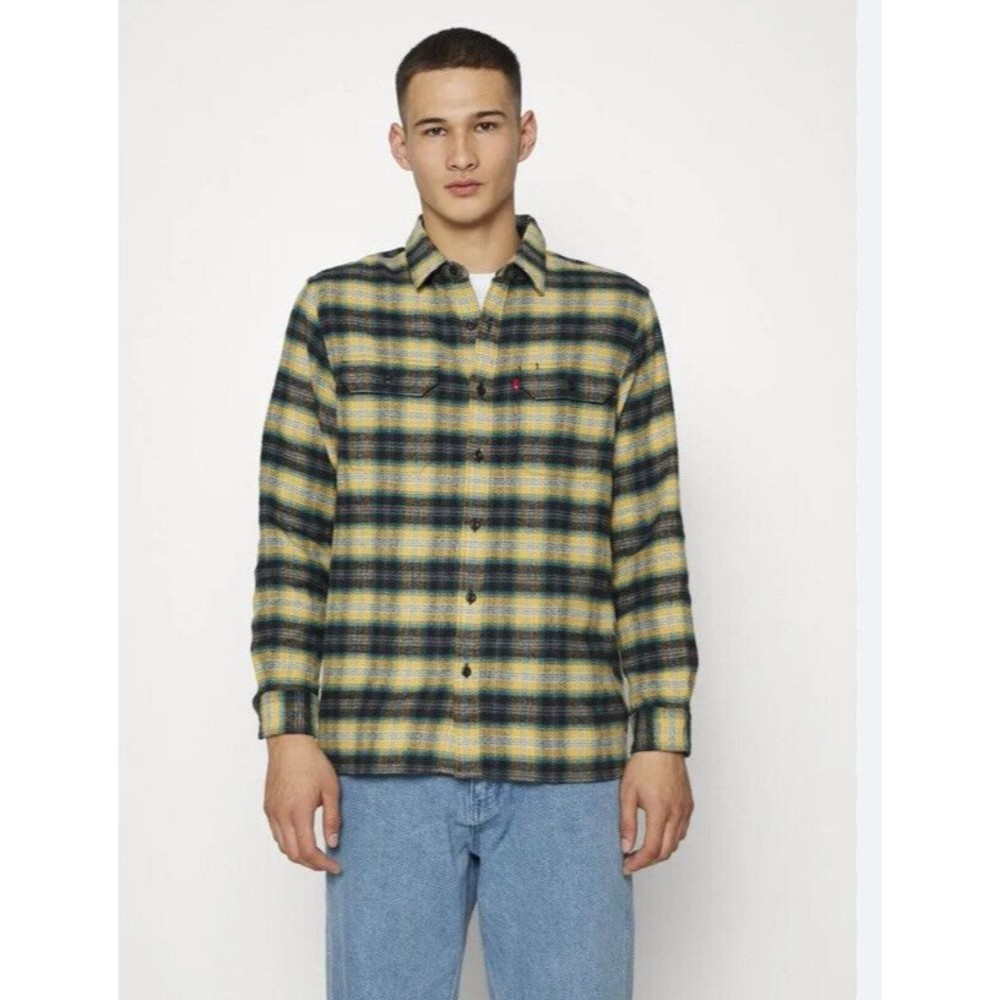 Levis Mens Jackson Worker Yellow Blue Flannel Check Relaxed Fit Shirt Sz S - Picture 2 of 9